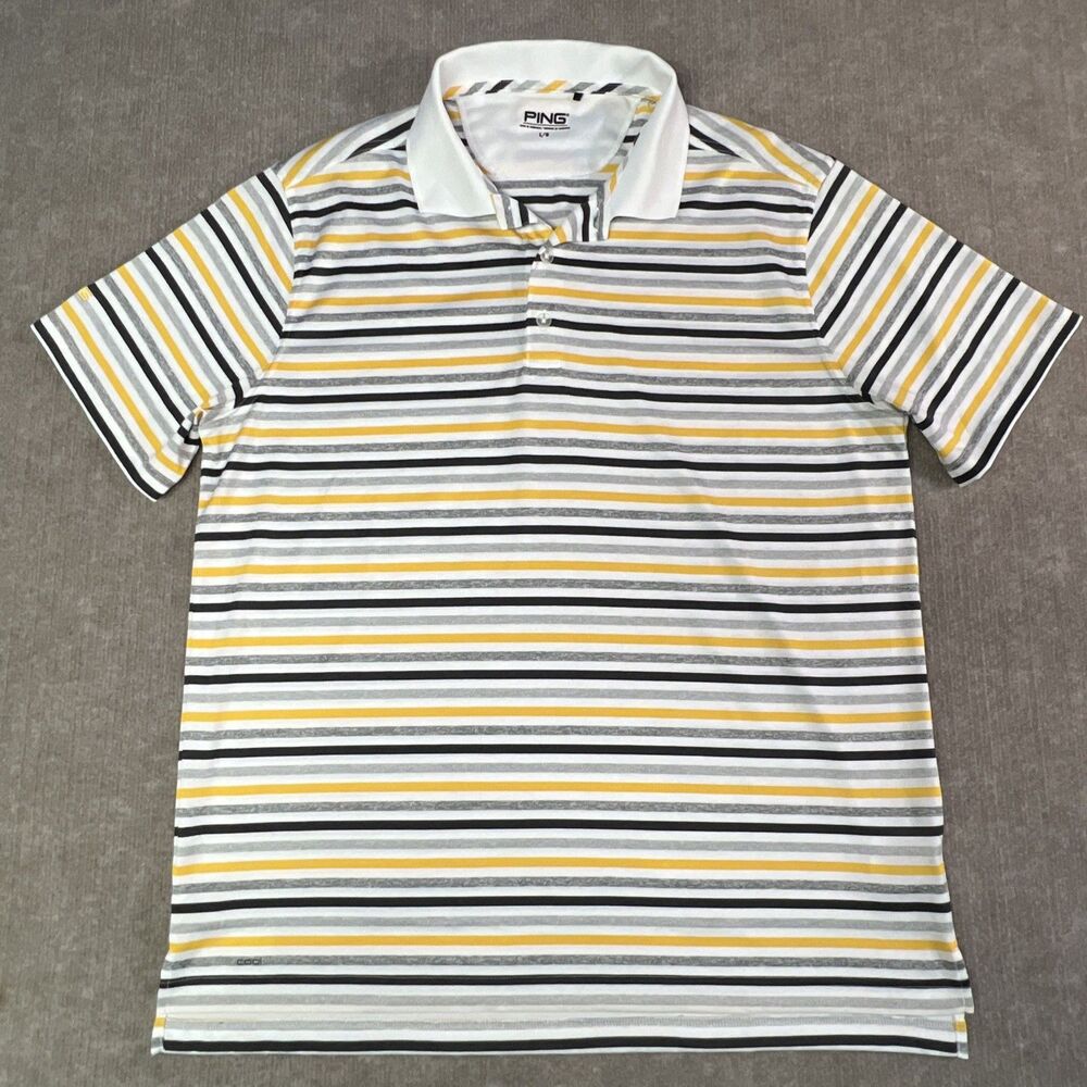 PING Golf Polo Shirt Men Large Bright Yellow Stripe Active Tennis Collar‎